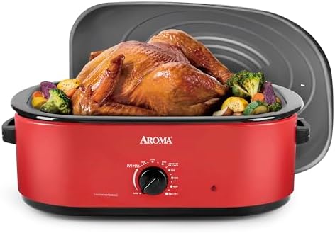 AROMA 18Qt. Roaster Oven with Self-Basting Lid, Fits 22-lb. Turkey, Adjustable Temperature Settings, Keep Warm Setting, Red (ART-718R)