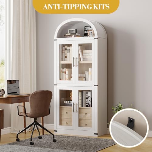 IDEALHOUSE Arched Kitchen Pantry Cabinet,71'' Wood Storage Cabinets Bookcase,Farmhouse Storage Display Cabinet with Glass Doors,2 Large Drawers,Versatile Cupboard for Living Room,Dining Room(White)