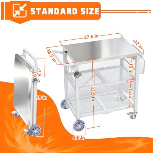 Semoprus Folding Grill Table with Storage Rack, Stainless Steel Grill Cart