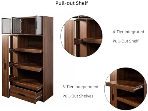 KEIKI 70.87" Tall Kitchen Pantry Storage Cabinet with Multi-Functional Pull-Out Shelf, Drawers, Glass Doors & Microwave Stand, Wood Hutch Food Pantries Cupboard for Coffee Bar, Dining Room
