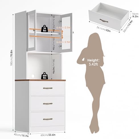 Keyluv 71“ Tall Kitchen Pantry Storage Cabinet with Microwave Stand, Buffet Kitchen Hutch with Shelves and Drawers, Wood Coffee Bar Pantry Cabinet with Glass Doors, for Dining Room/Small Space, White