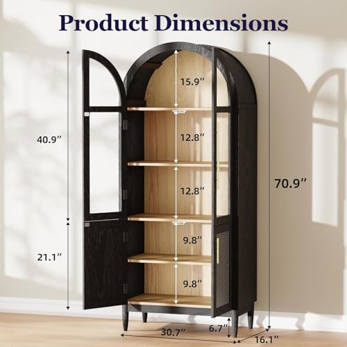 71" Tall Arched Cabinet with Glass Doors, Kitchen Pantry Storage Cabinet with Dust-Proof Rattan, 5-Tier Curio China Cabinet with Adjustable Shelves for Living Room Dining Room, Black