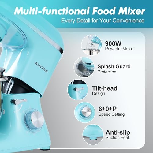 Aucma Stand Mixer, 8QT 900W 6-Speed Tilt-Head Food Mixer, Kitchen Electric Mixer with Dough Hook, Wire Whip & Beater (Blue, 8QT)