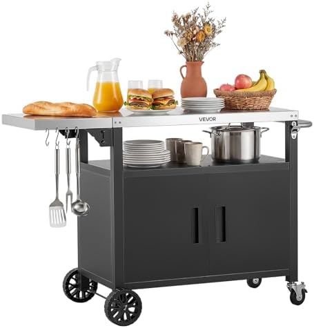 VEVOR Outdoor Grill Cart with Storage Cabinet, 48.9 Inch Grill Table, Waterproof Kitchen Island with Stainless Steel Top, Shelf, and Wheels, Movable Food Prep Station for Patio Bar Backyard BBQ