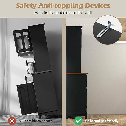 72.5'' Kitchen Pantry Cabinet, Tall Buffet Sideboard w/ 3-Position Adjustable Shelves & 9-Grid Wine Rack, Freestanding Microwave Cabinet for Kitchen, Dining Room, Living Room (Black)