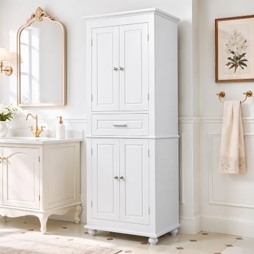 Merax 63" Pantry Cupboard with Four Doors & One Drawer, Bathroom Storage Cabinet with Adjustable Shelves for Home/Living Room/Dining Room/Kitchen, White