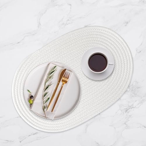 Oval Woven Placemats Set of 8 Heat Resistant Placemats 17 x 12 Inches Farmhouse Cotton Rope Place Mats for Dining Tables Trivets for Hot Dishes, White