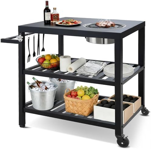 Outdoor Grill Cart with Grill Kit, Movable BBQ Prep Tables Station with Wheels, Dining Cart Table with 2-Tier Storage Cart, 33.3" Lx19.9W x33.2H Grill Table, Black