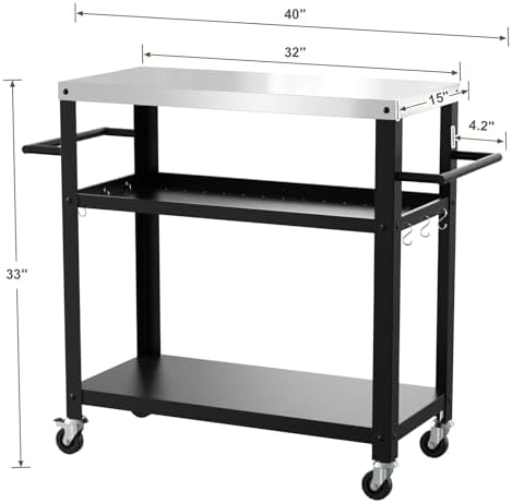 Baotree Outdoor Grill Cart Table, Stainless Steel Outdoor Grill Cart Pizza Oven Stand Trolley Table with Two Side Handle, Garden Patio BBQ Kitchen Heavy Duty Table Cart (Black)