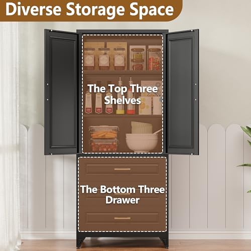 Polup 75" Metal Storage Cabinet, Kitchen Pantry Cabinet with 3 Drawers