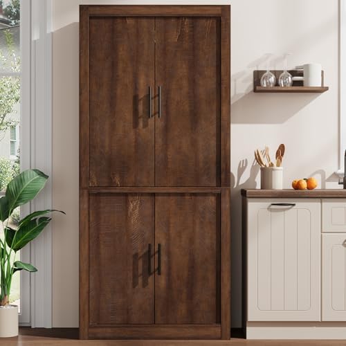 71" Tall Kitchen Pantry Cabinet, Farmhouse Kitchen Pantry Storage Cabinet with 4 Doors & Adjustable Shelves, Freestanding Wood Large Food Cupboard for Dining, Living Room, Rustic Brown