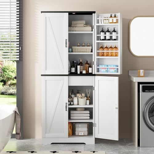 Shintenchi Kitchen Pantry Cabinet, Farmhouse Tall Cupboard Storage, White