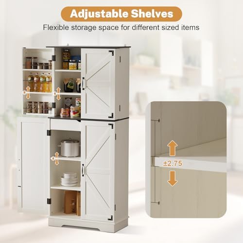 Sunny Heart 72" H Kitchen Pantry Cabinet, Farmhouse Pantry Storage Cabinet with 4 Doors, Adjustable Shelves, Drawer, Kitchen Organizers and Storage for Dining Room, Bathroom, Cream