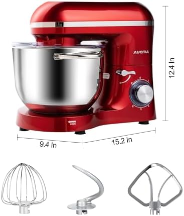 Aucma Stand Mixer,6.5-QT 660W 6-Speed Tilt-Head Food Mixer, Kitchen Electric Mixer with Dough Hook, Wire Whip & Beater (Red, 6.5QT)