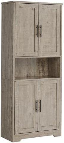 Takywep Modern Tall Freestanding Pantry Cabinet 70", Storage Cupboard with 4 Doors, Adjustable Shelves & Open Shelf, Multipurpose Home Organizer for Living Room, Kitchen, Dining Room, Gray