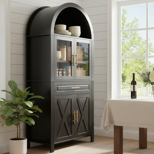 KEIKI 71" Tall Arched Kitchen Pantry Cabinet with Glass Door,Drawer,Farmhouse Storage with Adjustable Shelves for Kitchen,Living & Dining Room