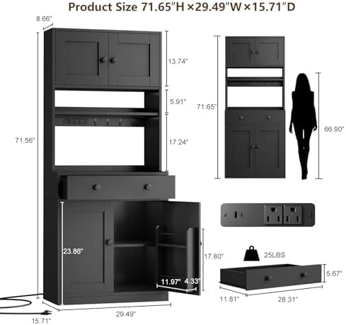 71" Tall Kitchen Pantry Cabinet with Microwave Countertop, LED Lights Black