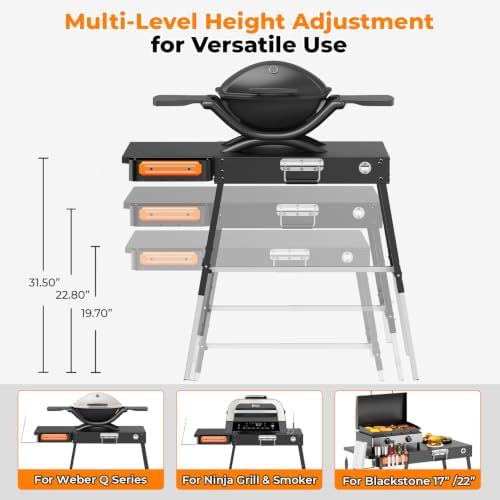EUTRKei Portable Grill Table for Weber Q1200, Q1000, Q2200, Q2000, Q2400, Griddle Stand for Ninja Woodfire Collection OG700, OG800, OG900 Series, Folding Grill Cart with Caddy for Camping, Travel