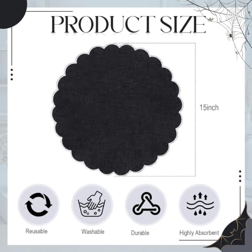 Set of 12 Black Cotton Placemats 15 Inch Round Scalloped Placemats,