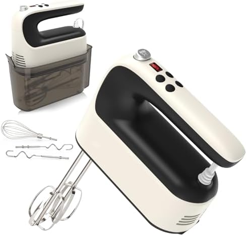 Yomelo 9-Speed Digital Hand Mixer Electric, 400W Powerful DC Motor, Hand Mixer Electric Handheld with Snap-On Storage Case, 5 Stainless Steel Accessories, Beaters, Dough Hooks, Whisk(Creamy/Black)