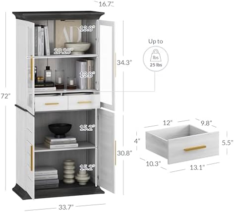 BELLEZE 72" Tall Kitchen Pantry, Large Storage Cabinet with Doors and Shelves, 2 Built-in Drawers, Freestanding Hutch Cabinet with Storage for Kitchen,Dining Room and Living Room (White)