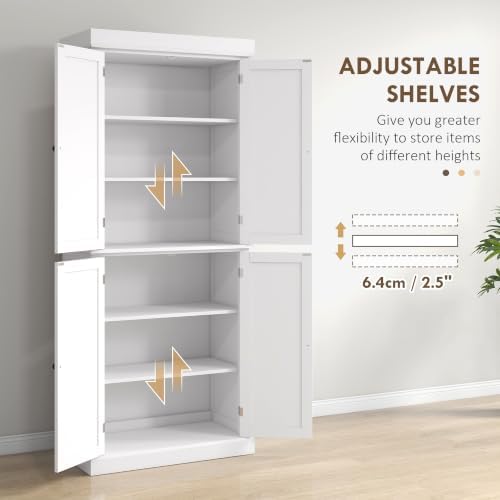 HOMCOM 72.5" Tall Kitchen Pantry Cabinet 4 Doors Modern White