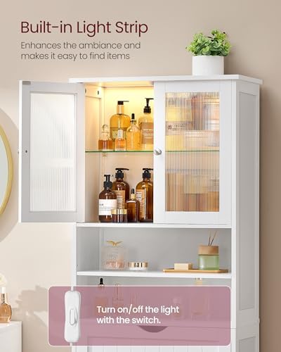 VASAGLE Storage Cabinet with LED Lights, Freestanding, Open Compartments