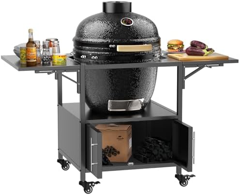 KEIKI Outdoor Grill Table for Big Green Egg, Metal BBQ Cart with Wheels and Dual Folding Side Shelves, Fits Large Green Egg and Kamado Joe Jr, Rolling Prep Station for Patio Cooking