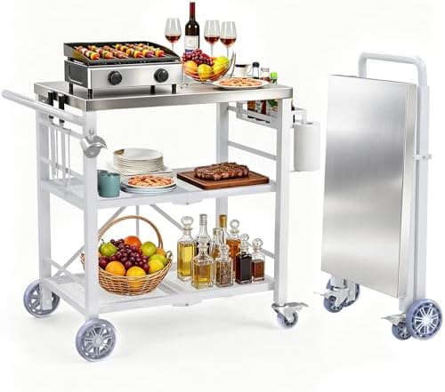Semoprus Folding Grill Table with Storage Rack, Stainless Steel Grill Cart
