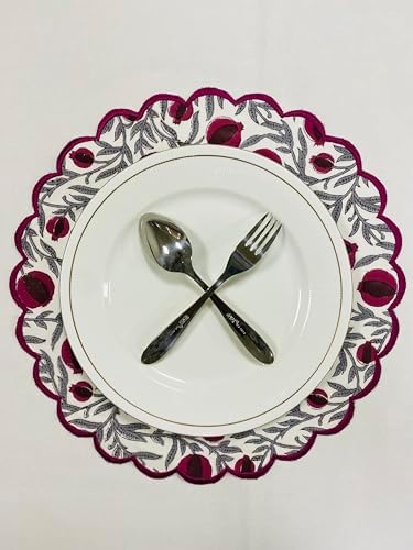 Ridhi Floral Block Print Round Placemats 15 Inch, Set of 4, Sangria Red