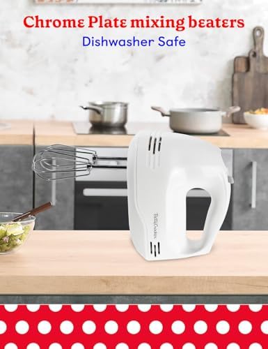 Betty Crocker 5-Speed Hand Mixer, 150 Watts Power, Easy-Clean Chrome Plate Beaters, Beater Eject Button, Heel Rest, Sleek Compact Design, Apartment Essentials, BC-4203WT, White
