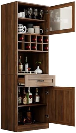 KEIKI 70.87" H Tall Kitchen Pantry Wine Bar Storage Cabinet with Countertop, Wine Rack, Glass Doors, Drawers, Wood Freestanding Hutch Food Pantries Cupboard for Coffee, Dining Living Room
