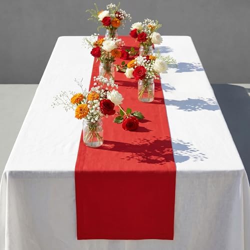 Solino Home 100% Pure Linen Table Runner Red Extra Long, Fete 14 x 156 in