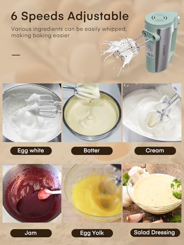 Hand Mixer Electric Handheld, 6 Speed & Turbo Electric Mixer, 300W Handheld Mixer with 2 Stainless Steel Whisk and 2 Dough Hook for Whipping, Mixing Cookies, Brownie, Cakes, Dough Batters, Green