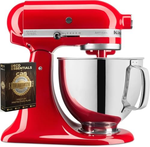 KitchenAid Artisan Series 5 Quart Tilt Head Stand Mixer with Pouring Shield KSM150PS, Cherry Tomato Bundle with Deco Essentials Exclusive CPS 1 Year Extended Protection Pack