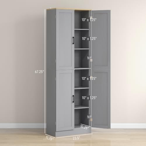 HOMCOM 67" Freestanding Kitchen Pantry 4-Door Cabinet Distressed Gray