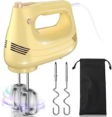 GUALIU Electric Hand Mixer, 304*(2* Beaters, 2* Dough Hooks), (1* Storage Bag) Handheld Mixer for Baking Cakes, Eggs, Cream Food Mixers, Turbo Boost /5 Speed Kitchen Blender YELLOW