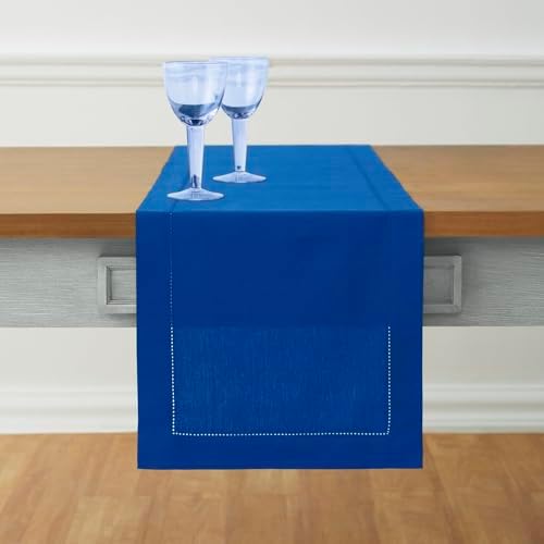 Solino Home Cotton Linen Table Runner Blue, Hemstitch Collection 14 x 90 in