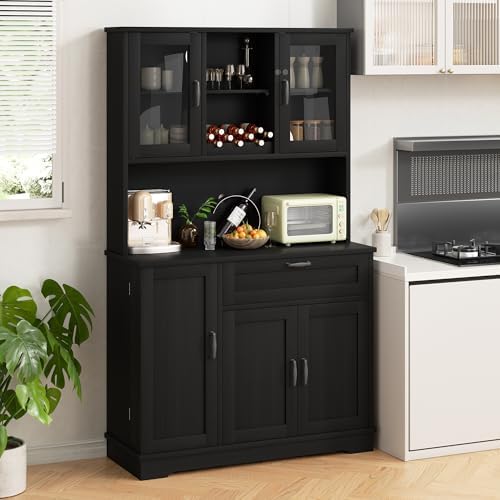 Shintenchi 68" Kitchen Pantry Storage Cabinet, with Microwave Stand, Black