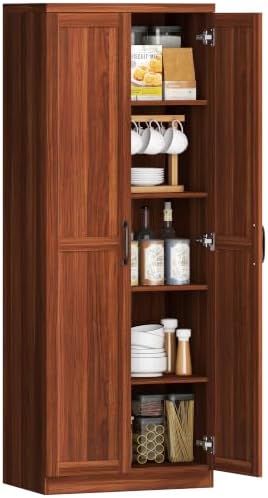 HOMCOM 63" Kitchen Pantry Cabinet with Doors and Adjustable Shelves, Brown