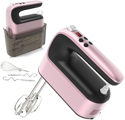 Yomelo 9-Speed Digital Hand Mixer Electric, 400W Powerful DC Motor, Hand Mixer Electric Handheld with Snap-On Storage Case, 5 Stainless Steel Accessories, Beaters, Dough Hooks, Whisk(Rose Gold)
