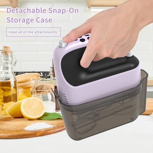 Yomelo 9-Speed Digital Hand Mixer Electric, 400W Powerful DC Motor, Hand Mixer Electric Handheld with Snap-On Storage Case, 5 Stainless Steel Accessories, Beaters, Dough Hooks, Whisk(Purple/Black)