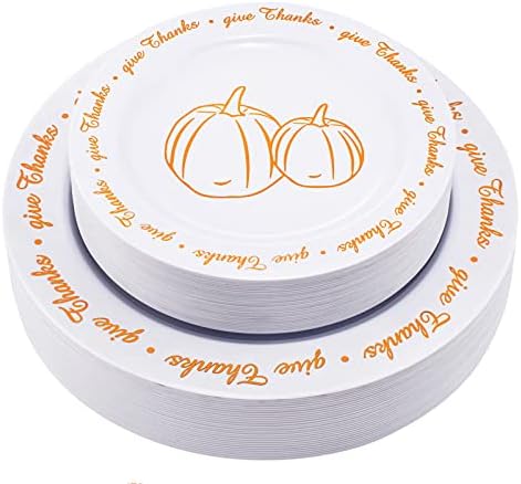 Rubtlamp 60Pcs Thanksgiving Plastic Plates, White Plastic Plates With Orange Pumpkin and Alphabet, Premium Heavy Orange plates Include 30 Dinner Platos 10.25", 30 Dessert Platos 7.5" For Party