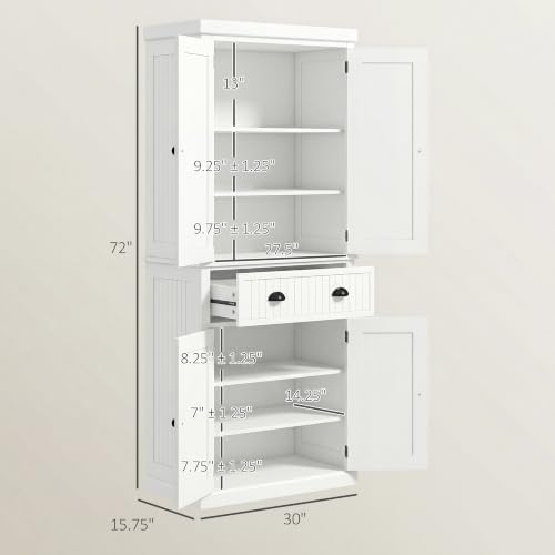 HOMCOM 72" Traditional Kitchen Pantry Cabinet, Freestanding Tall Storage Cabinet with 4 Doors, Drawer and 3 Adjustable Shelves for Dining Room, Cream White
