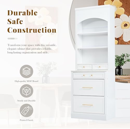 Merax Modern 83.7inch Freestanding Kitchen Hutch with Faux Marble Top, Kitchen Pantry with 5 Storage Drawers and Adjustable Shelf, Set of 2, White