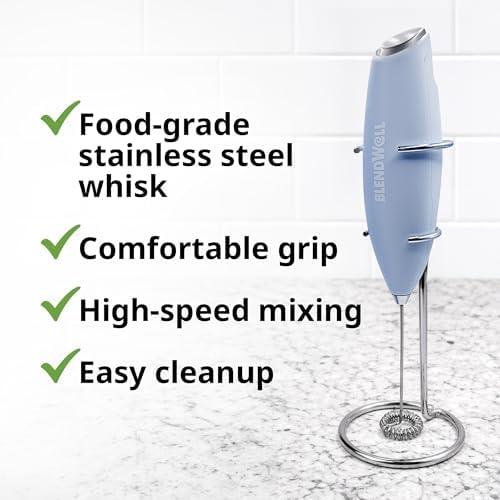 BlendWell Electric Milk Frother for Matcha and Coffee, Handheld Battery Operated Drink Mixer with Stand, Stainless Steel Whisk, Light Blue