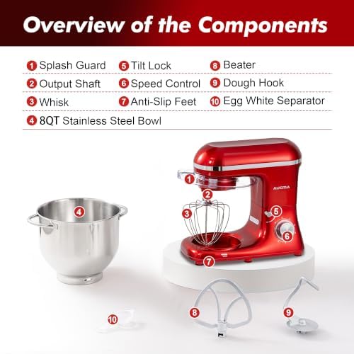 Aucma Stand Mixer, 8QT 900W 6-Speed Tilt-Head Food Mixer, Kitchen Electric Mixer with Dough Hook, Wire Whip & Beater (Red, 8QT)