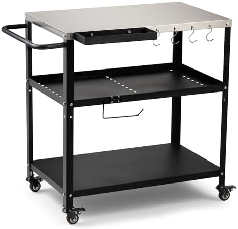 Outdoor Grill Cart Table, Pizza Oven Stand with Casters, Silver