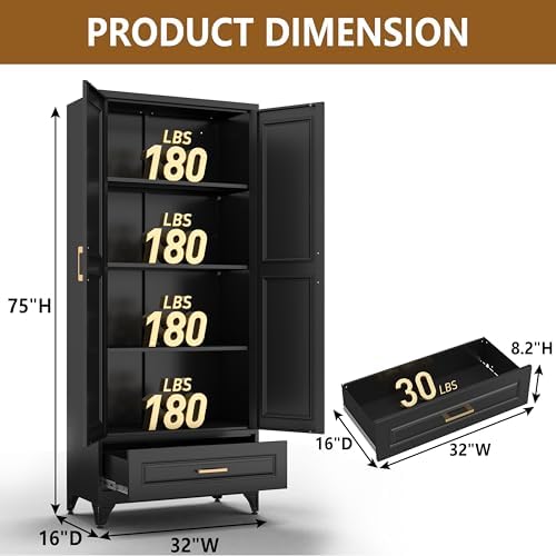 Polup 75" Metal Storage Cabinet, Tall Kitchen Pantry Cabinet with 1 Drawer