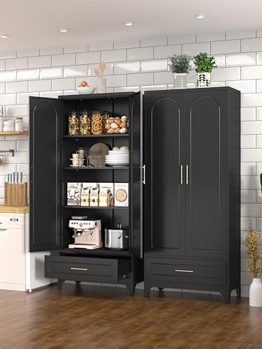 Polup 75" Tall Black Metal Pantry Storage Cabinet with 1 Drawer